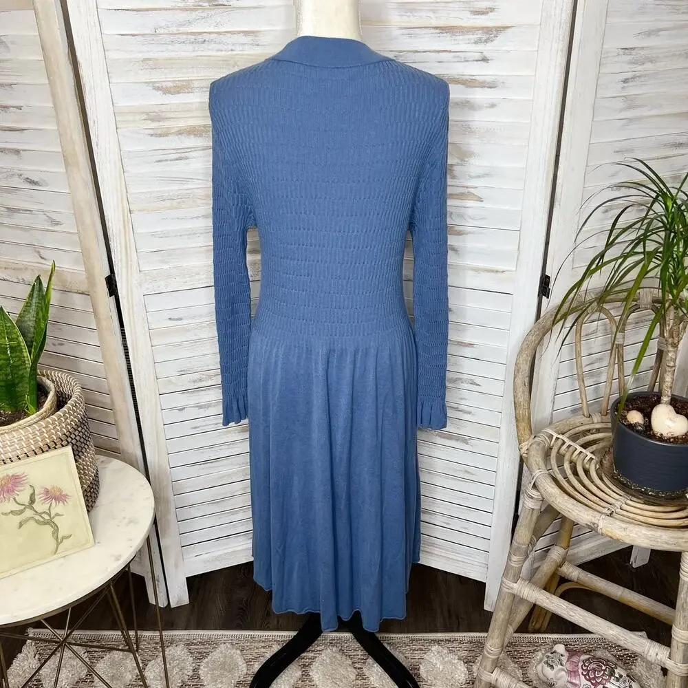 SUNDANCE Nature's Hue High Neck Ruffle Sleeve Midi Dress Blue Medium - Picture 12 of 14